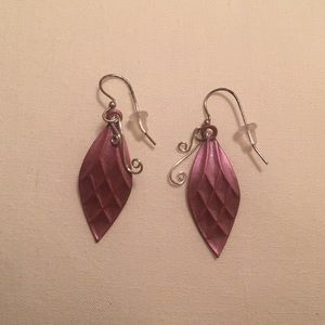 Pink leaf earrings with silver swirl accent